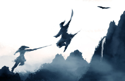 两人在山上比武决斗的水墨插画三