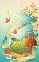 金银花茶国潮插画