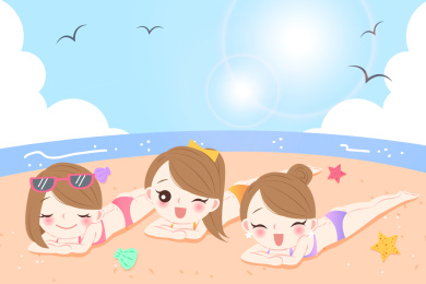 姐妹一起趴在沙滩上做日光浴插图