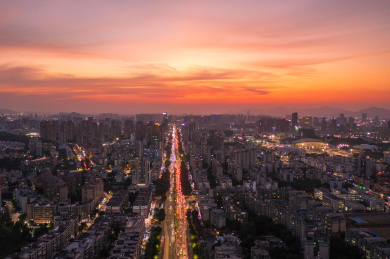 广东珠海市新香洲人民西路火烧云夜景航拍