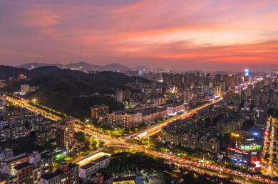 广东珠海市新香洲人民西路火烧云夜景航拍