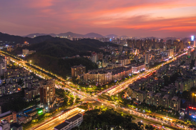 广东珠海市新香洲人民西路火烧云夜景航拍