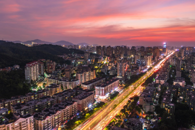 广东珠海市新香洲人民西路火烧云夜景航拍