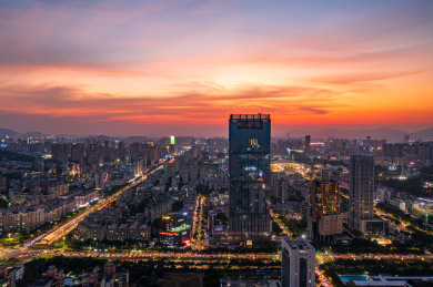 广东珠海市新香洲火烧云晚霞夜景航拍