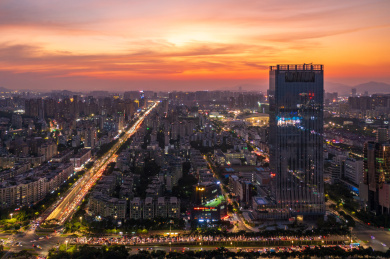 广东珠海市新香洲火烧云晚霞夜景航拍