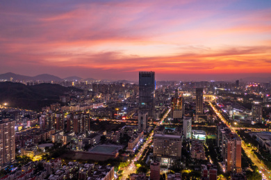 广东珠海市新香洲火烧云晚霞夜景航拍