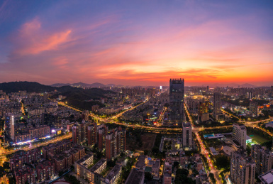 广东珠海市新香洲火烧云晚霞夜景航拍