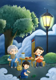 夜晚的街道和奶奶乘凉