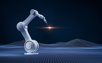 机械臂与蓝色科技线条背景3D渲染
