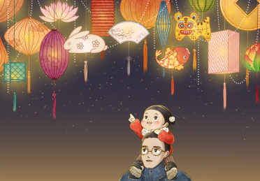 小女孩坐在爸爸肩膀上观赏花灯