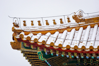 北京故宫盖上一层白雪的屋脊小神兽