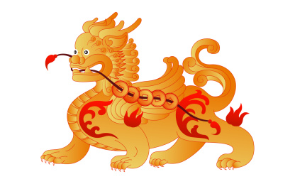 中国传统瑞兽貔貅咬一串铜钱