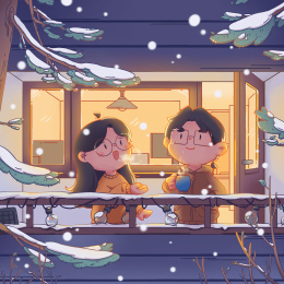 情侣在冬天的阳台堆雪人