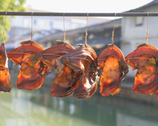 挂在市场上出售的鱼的特写镜头