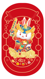 生肖兔脚踏祥云手持剑门神插画