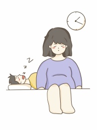 深夜坐在床边的女人和沉睡的男人插画