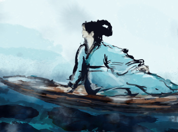 少女荡船在莲湖之中的图片