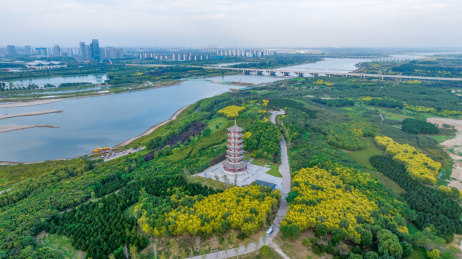 航拍河北省石家庄市滹沱河生态区、滹沱河岛