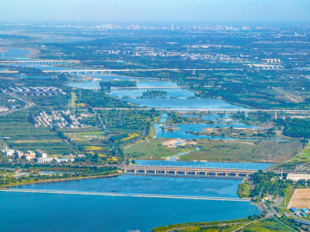 航拍河北省石家庄市滹沱河生态区、滹沱河岛