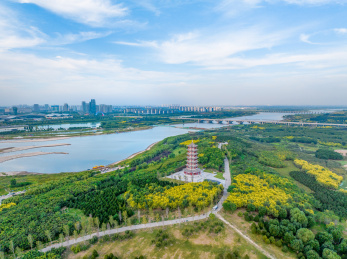 航拍河北省石家庄市滹沱河生态区、滹沱河岛