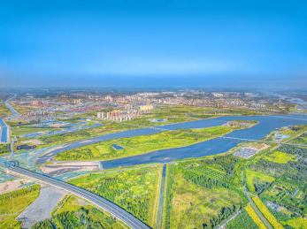 航拍河北省石家庄市滹沱河生态区、滹沱河岛