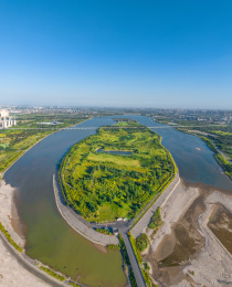 航拍河北省石家庄市滹沱河生态区、滹沱河岛