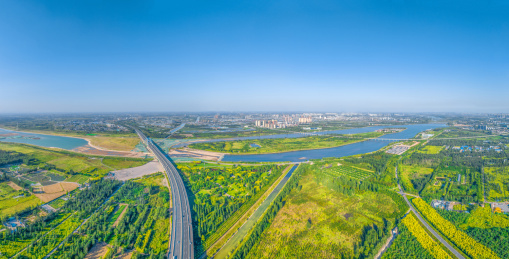 航拍河北省石家庄市滹沱河生态区、滹沱河岛