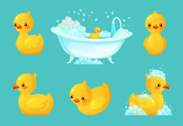 浴缸黄色小鸭矢量插图合集