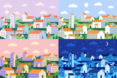 扁平风村庄场景矢量插画合集