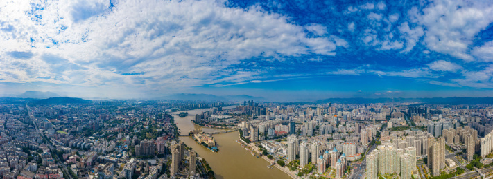 航拍福建福州中洲岛及解放大桥欧式建筑岛屿