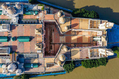 航拍福建福州中洲岛及解放大桥欧式建筑岛屿