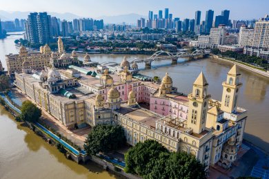 航拍福建福州中洲岛及解放大桥欧式建筑岛屿