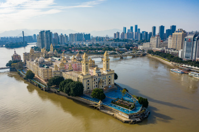 航拍福建福州中洲岛及解放大桥欧式建筑岛屿