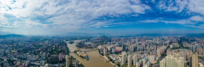 航拍福建福州中洲岛及解放大桥欧式建筑岛屿