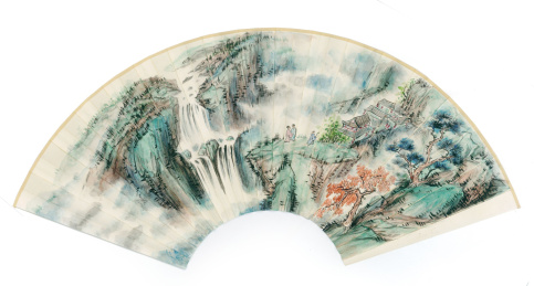 国画素材 水墨青绿山水 折扇扇面