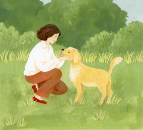 女孩和狗狗玩耍拥抱插画