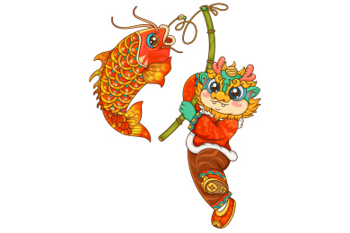 矢量国潮龙年吉祥人物ip形象年年有鱼插画