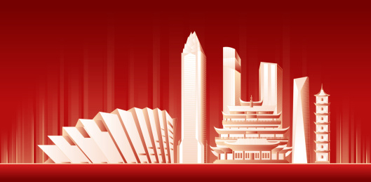 温州城市红色科技建筑插画