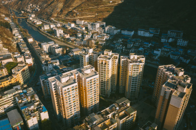 中国四川阿坝州汶川县城航拍素材