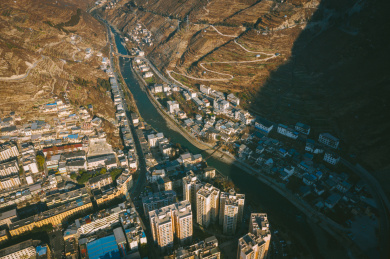 中国四川阿坝州汶川县城航拍素材
