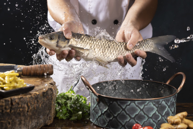 双手正在捞起准备宰杀的新鲜活鱼草鱼