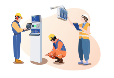 工人戴着安全帽操作机器