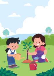 植树种树卡通Q版人物插画海报