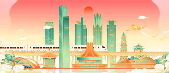 广西南宁城市建筑群矢量插画