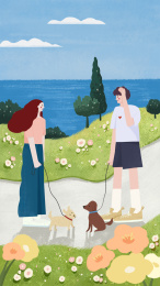 女孩和男孩在海边邂逅