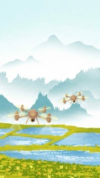 中国风科技农业下在绿色农田喷撒农药的无人
