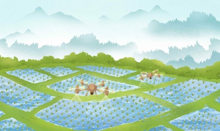 中国风科技农业下在绿色农田喷撒农药的无人