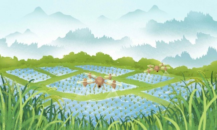 中国风科技农业下在绿色农田喷撒农药的无人