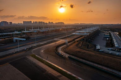 上海市嘉定区F1赛车场日出航拍风景