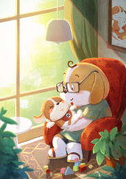 狗坐在红色沙发上怀里抱着小狗